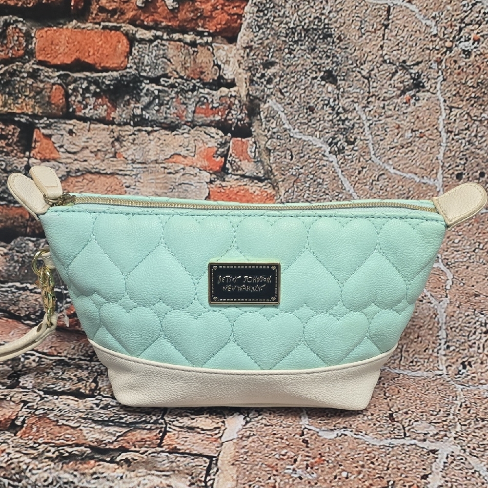 Betsey Johnson New York, N.Y. Mint  And Cream Quilted Cosmetic Bag